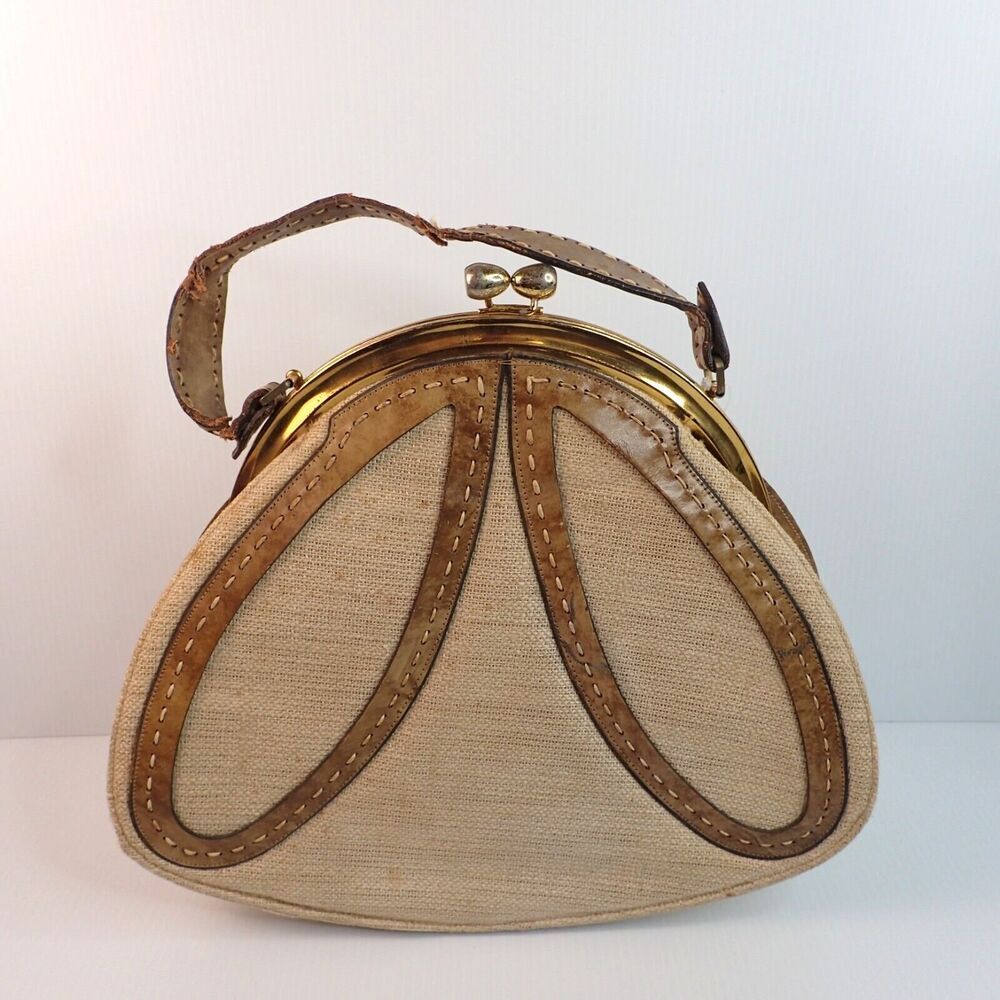 Vintage 60s 70s MAHLER Handmade Leather & Woven Kiss Lock Frame Handbag RARE